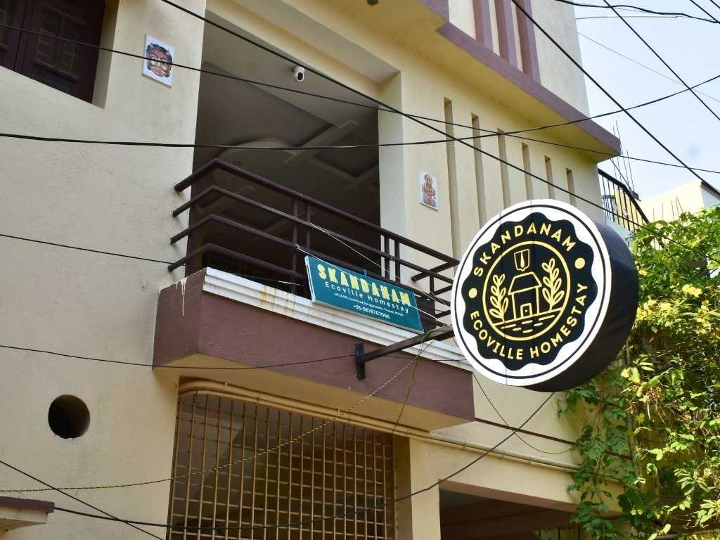 Exterior of the Skandanam Ecoville homestay building in Bairagipatteda, Tirupati