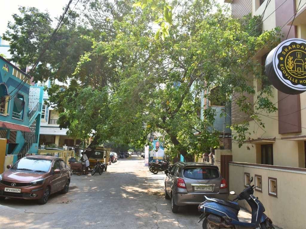 Quiet residential street outside Skandanam Ecoville Homestay in Tirupati